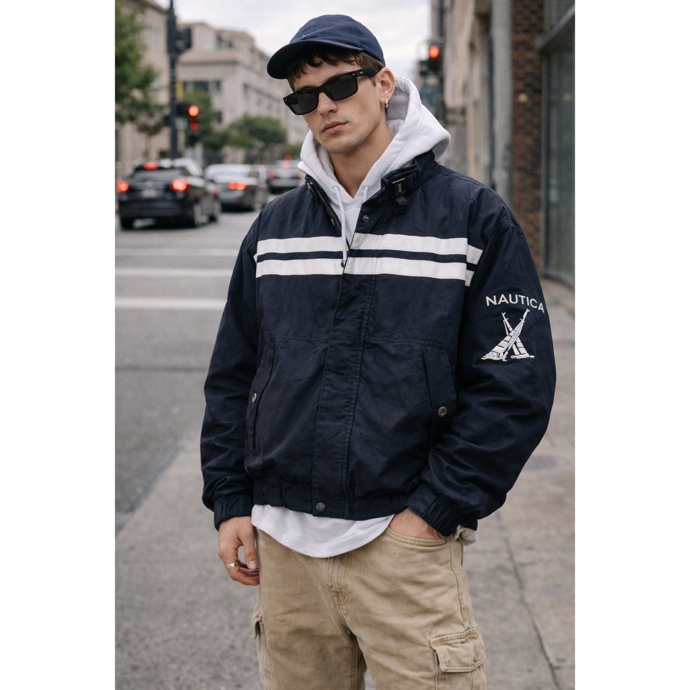 V1 Nautica Mens XL Windbreaker Jacket Navy Blue White Stripe Packable Hood Lined